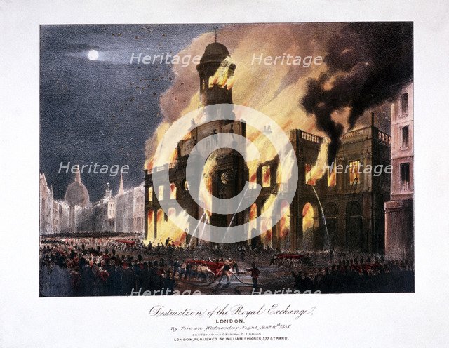 'Destruction of the Royal Exchange' (2nd) fire, London, 1838. Artist: Anon