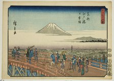 Edo Bridge and Nihon Bridge in the Eastern Capital (Toto Edobashi Nihonbashi), from the se..., 1852. Creator: Ando Hiroshige.