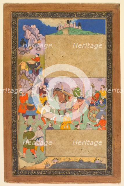 A charioteer riding through a rocky landscape with an entourage of footmen and musicians..., 1616-16 Creator: Yusuf Ali (Indian, active early 1600s), attributed to.