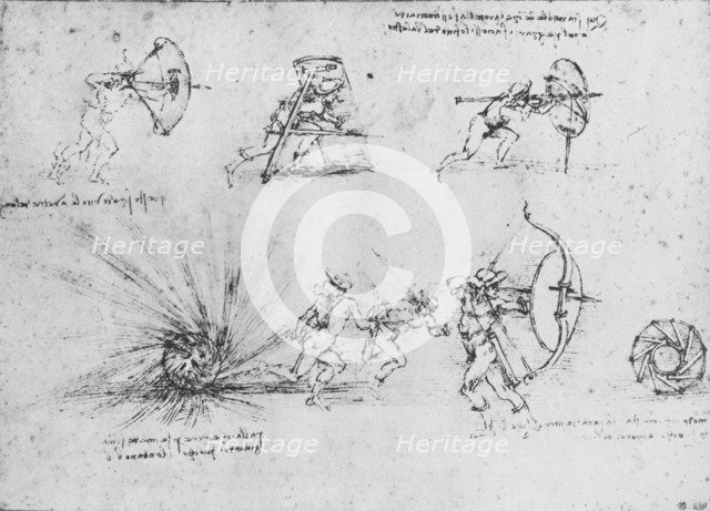 'Studies of Shields for Protecting Foot Soldiers and of a Bomb exploding',c1480 (1945). Artist: Leonardo da Vinci.