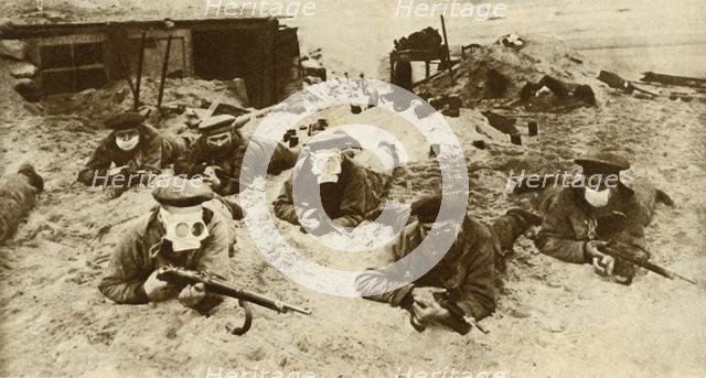 German naval troops wearing respirators, First World War, 1915, (1935). Creator: Unknown.