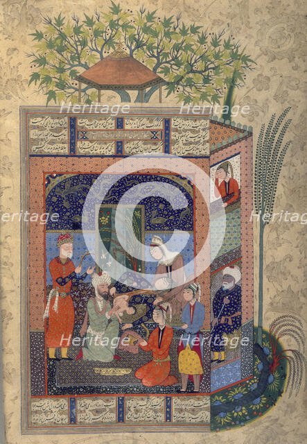 Zal holding the 'simurgh's' feather during the birth of Rustam, c1590-c1595. Creator: Unknown.