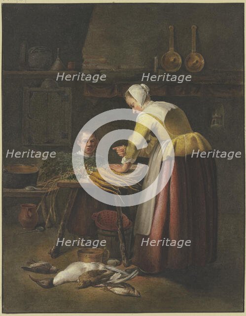 Woman and child in the kitchen with carrots and poultry. Creator: Henricus Franciscus Wiertz.