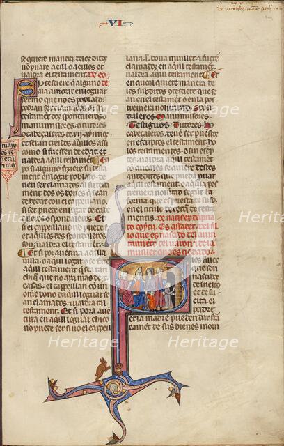 Initial S: A Man and a Woman Speaking while a Woman Stands Nearby with a Child..., about 1290-1310. Creator: Unknown.