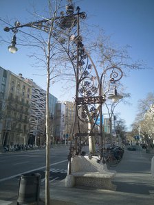 Elaborate art nouveau style lamppost on Passeig de Gracia, Barcelona's main boulevard, Spain, 2020. Creator: Ethel Davies.