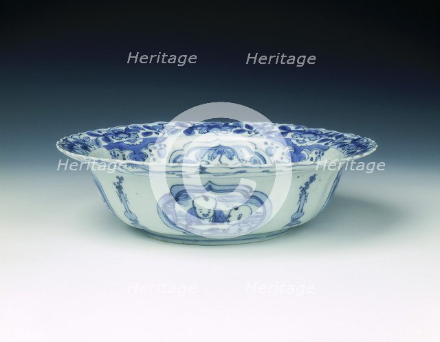 Kraak blue and white klapmuts bowl with pagoda and seascape, late Ming dynasty, China, c1610. Artist: Unknown
