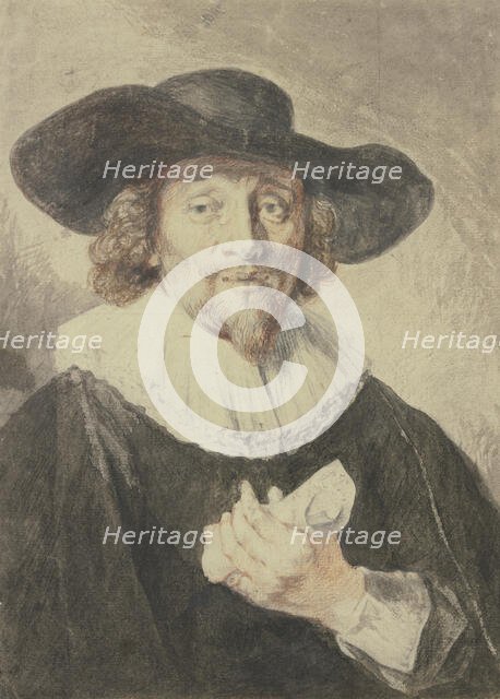 Bust of a man dressed in black, wearing a hat and holding a roll of paper, 1633. Creator: Jacob Adriaensz. Backer.