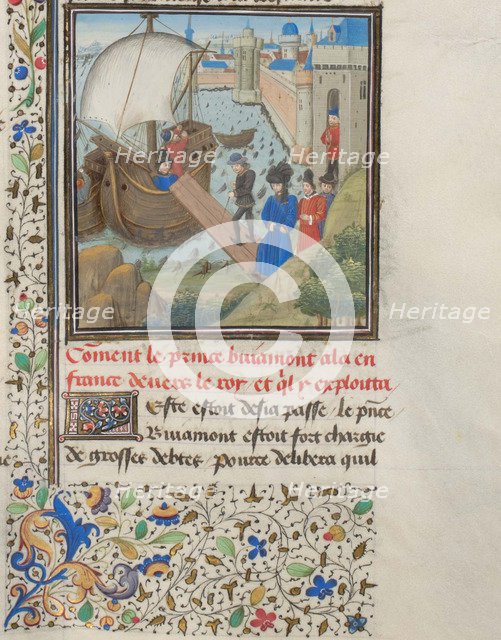 Bohemond I of Antioch traveled back to Apulia. Miniature from the Historia by William of Tyre, 1460s. Artist: Anonymous  