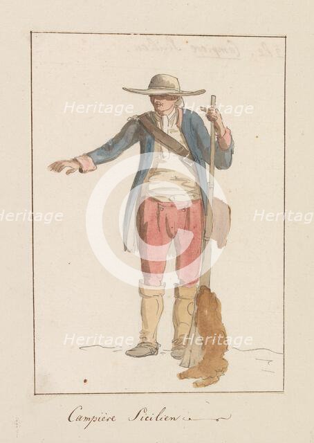 Sicilian man in local traditional costume, 1778. Creator: Louis Ducros.