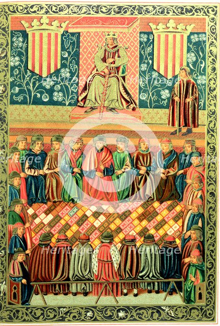 King James I the Conqueror presiding the Courts of Lleida in March 1242. Miniature in the 'Consti…