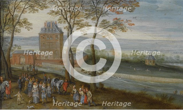 An extensive landscape with a view of the castle of Mariemont, a procession with the archduke Albrec