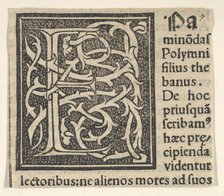 Initial letter E on patterned background, 1520., 1520. Creator: Anon.