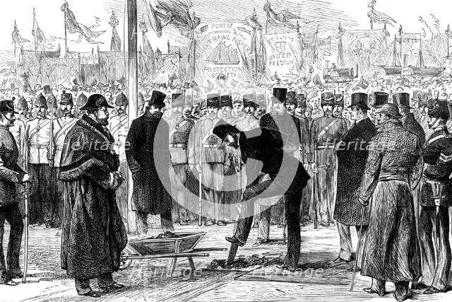 Lt.-Col. Gerard Smith cutting the first turf of the Hull, Barnsley...West Riding Ry. and Dock, 1881. Creator: Unknown.