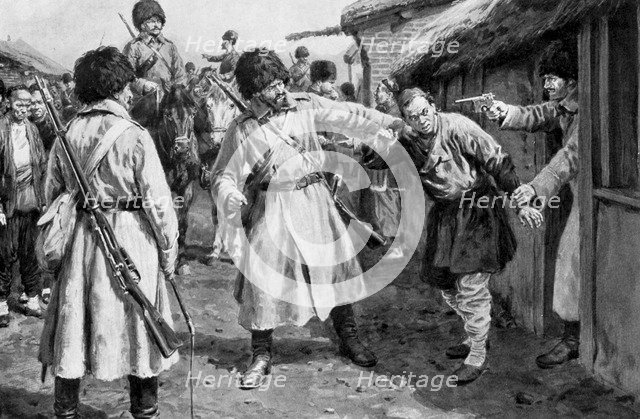 Cossacks searching for Japanese spies in a Manchurian village, Russo-Japanese War, 1904-5. Artist: Unknown
