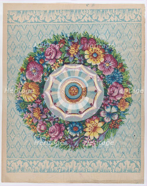 Sheet with a large floral wreath, late 18th-mid-19th century., late 18th-mid-19th century. Creator: Anon.