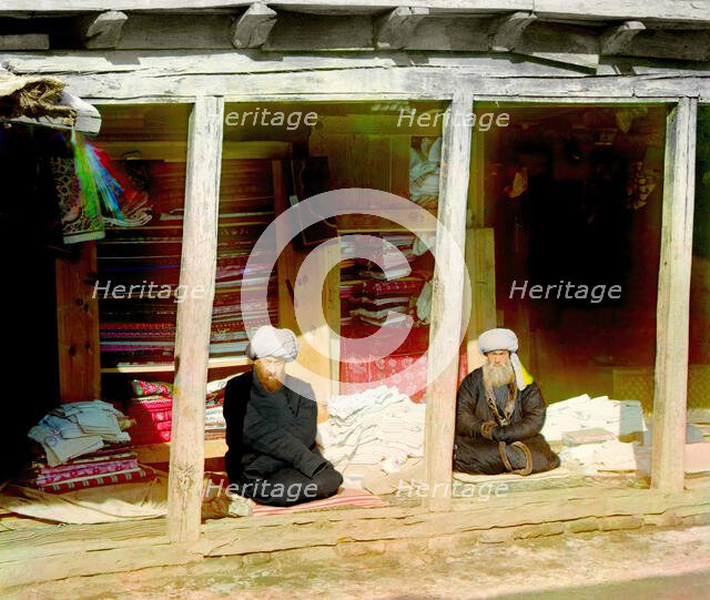 Fabric merchants in the Registan, Samarkand, between 1905 and 1915. Creator: Sergey Mikhaylovich Prokudin-Gorsky.