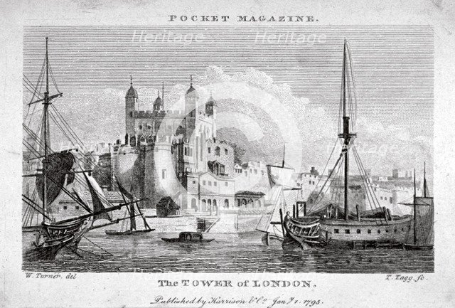 View of the Tower of London with boats on the River Thames, 1795. Artist: Thomas Tagg