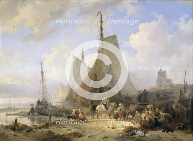 Fishing Boats on the Beach with Fishermen and Women Sorting the Catch, 1835. Creator: Wijnand Nuyen.