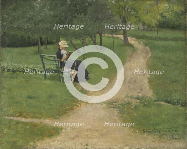 Park landscape with reading Woman, 1882. Creator: Sofie Werenskiold.