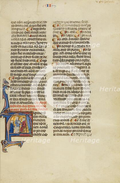 Initial A: Two Men and a Judge before an Altar; Vidal Mayor, about 1290-1310. Creator: Unknown.