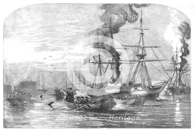 Steam-ships of the Allied Fleet searching for Infernal Machines off Cronstadt..., 1854. Creator: Unknown.