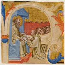 Choral Leaf Fragment: Historiated "A" with Six Monks Presenting a Book to an Enthroned....(?), c1400 Creator: Unknown