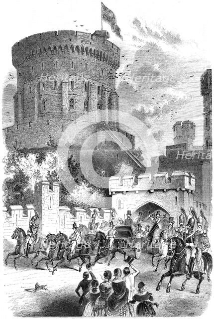 Windsor Castle in 1844 - Queen Victoria and Prince Albert leaving the Castle for London. Creator: Unknown.