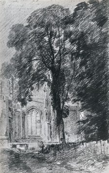 East Bergholt Church: part of the west end seen beyond a group of elms, (1812), 1925. Artist: Unknown