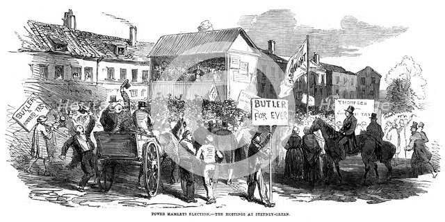 Election hustings in Stepney Green during the Tower Hamlets election, London, 1852. Artist: Unknown