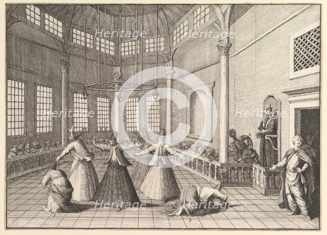 The Inside of a Mosque, the Dervishes Dancing (Aubry de La Mottraye's "Travels througho..., 1723-24. Creator: William Hogarth.