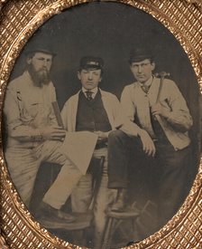 [Three Carpenters, Standing, Holding a Ruler, Hammer, and Sheet of Paper], 1850s-60s. Creator: Unknown.