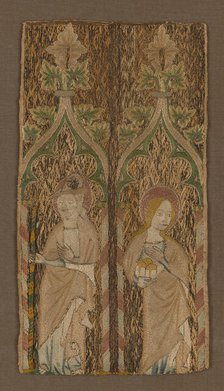 Fragment from an Orphrey Band Showing St. Barbara and St. James, England, 1350/1400. Creator: Unknown.