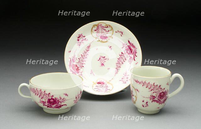 Teacup, Coffee Cup, and Saucer, Worcester, c. 1770. Creator: Royal Worcester.