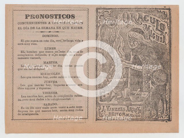 Cover for 'Oraculo Mignon', a witch brewing a potion in a cauldron, ca. 1880-1910., ca. 1880-1910. Creator: José Guadalupe Posada.