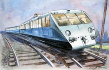 High-speed train, the solid and lightweight Bugatti PLM travelling to Vichy, drawing in L'Illustr…