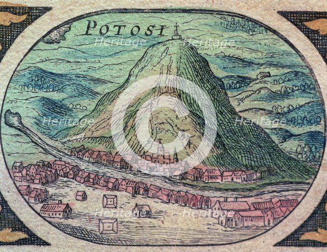 View of the city of Potosí with its famous hill, engraving in 'Nouvel Atlas', 1643.