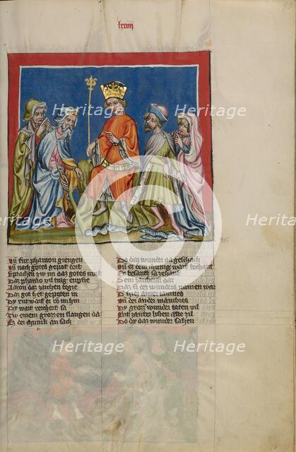 Aaron Transforms the Rod into a Serpent; Weltchronik, about 1400-1410. Creator: Unknown.