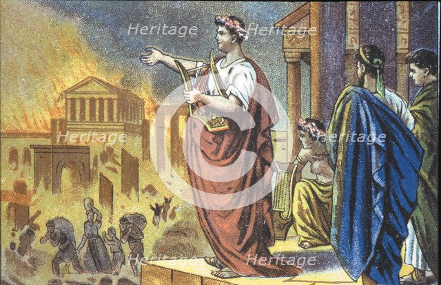 Fire of Rome ordered by the Emperor Nero in 64 AD, coloured engraving.