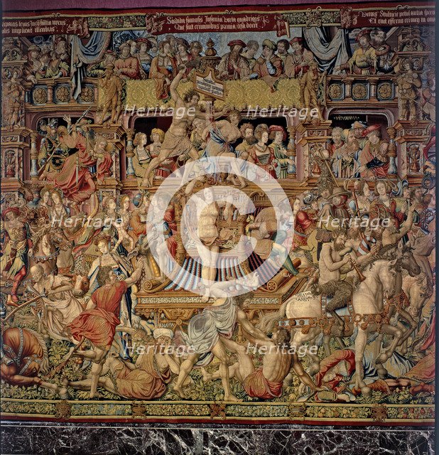  'Honours'. 'Calumny', central detail of the tapestry No. 9 showing the procession of vices dragg…