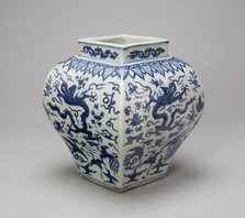 Square-Sided Jar with Dragons, Phoenixes, Cranes, and..., Ming dynasty, Wanli reign (1573-1620). Creator: Unknown.