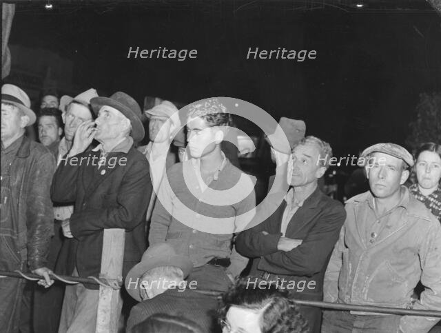 Street meeting at night...outside of Shafter, California, 1938. Creator: Dorothea Lange.