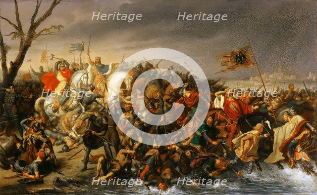 Lothair of France defeats Emperor Otto II on the banks of the Aisne, October 978. Artist: Durupt, Charles-Barthelemy-Jean (1804-1838)
