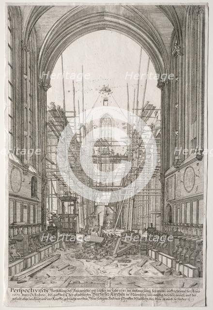 LArt Ancien Zurich: View in the Church of the Franciscans, Barfüsser-Kirke, 1681. Creator: Johan Ulrich Krauss (German, 1655-1719).