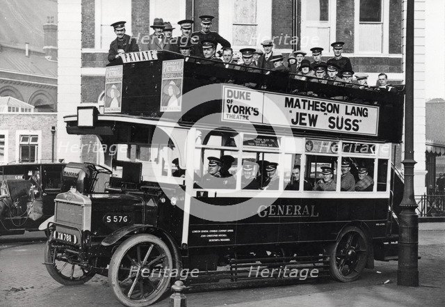 The Rowntree Brass Band on a motor bus in London, after 1904. Artist: Unknown
