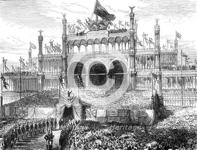 Opening of the American Centennial Exhibition: Chorus singing the Centennial Hymn...1876. Creator: Melton Prior.