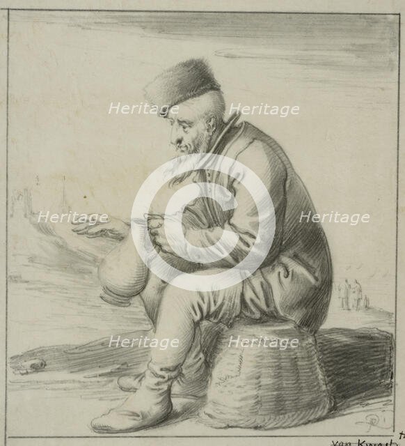 Elderly man sitting on an upside down basket, 1630s. Creator: Pieter Jansz. Quast.
