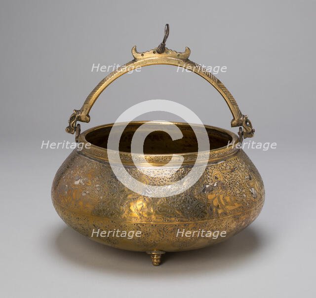 Bowl (Tas) with Attached Handles, Decorated with Horsemen and Solar Motif, 14th century. Creator: Unknown.