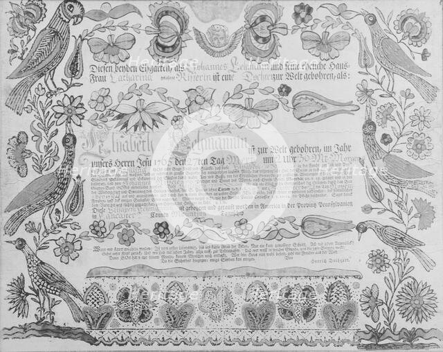 Birth and Baptismal Certificate, 1784. Creator: Attributed to Henrich Dulhauer.