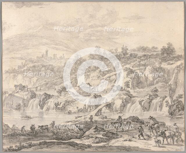 Landscape with Waterfalls and Bridges, Peasants in the Foreground, c.1670. Creator: Nicolaes Berchem.