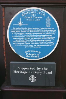 Blue information plaque, Grand Theatre, Blackpool, Lancashire